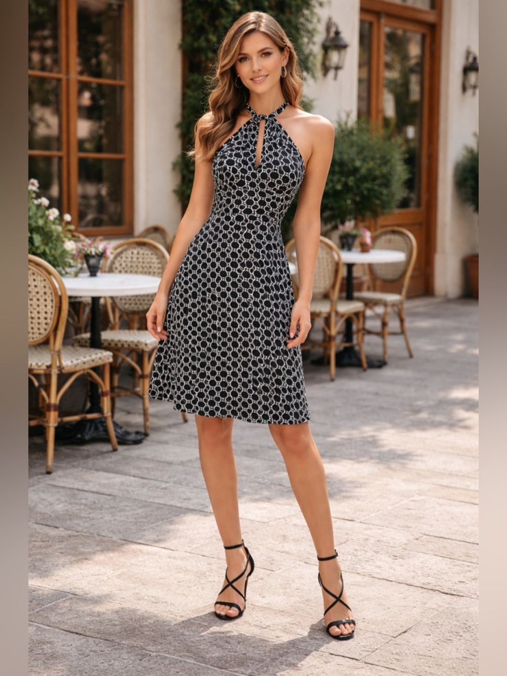 Lori M Halter Neck Black & White Circle Print Dress. Size 3